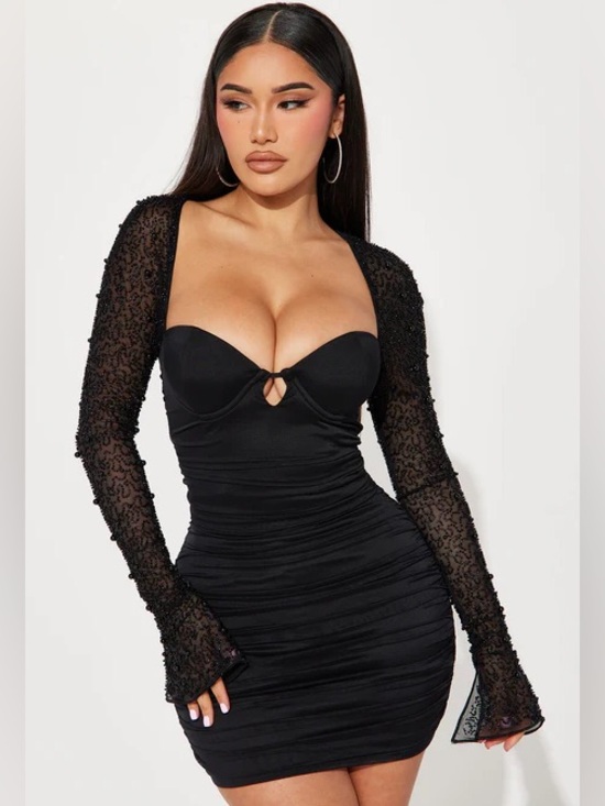Fashion Nova Dresses & Skirts - NWT Fashion Nova Black Princess Beaded Ruched Mini Dress